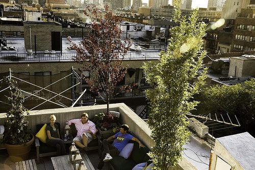 Amber Freda, Campbell Kidd, and Nathan Koach chill after work in Koach's rooftop garden overlooking Manhattan's Hell's Kitchen neighborhood. With young professionals looking for bargains and proximity to work, urban gentrification is a common feature of many major American cities. 